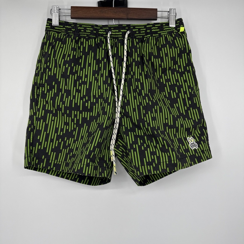Psycho Bunny Swim Shorts Mens Small Green Geometric Print Mesh Lined Drawstring